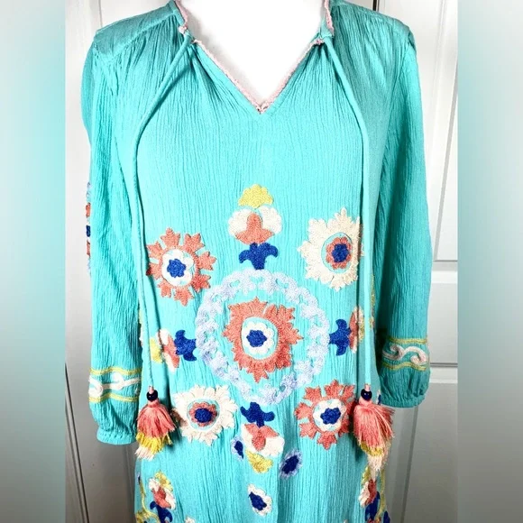 Soft Surroundings Artisan Embroidered Boho Tunic Artsy Dress Tassel Resort S - Picture 3 of 8